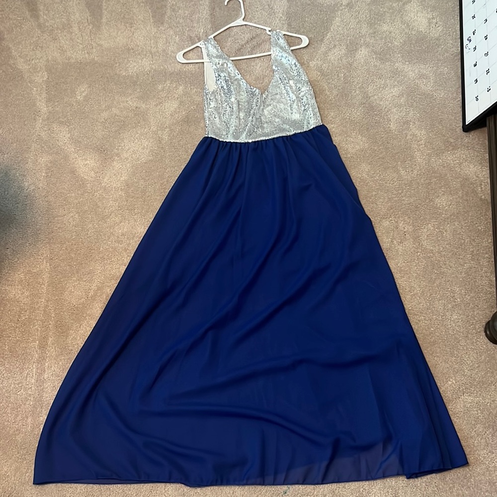 Silver and blue evening v-neck dress